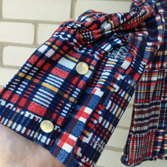 Vintage 60s 70s Plaid Patchwork Shirt 43"B Butterfly Collar Moonglow Buttons - Picture 6 of 12